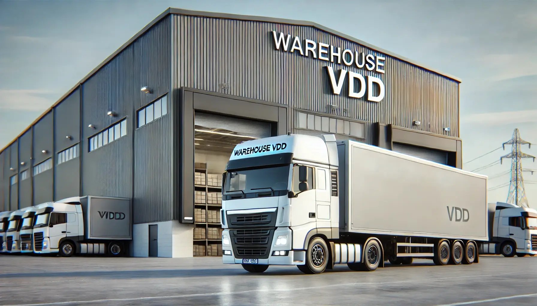 DALL·E 2025-02-20 20.05.00 - A realistic image of a warehouse with a large truck parked in front. The truck has the WAREHOUSE VDD logo on its side. The warehouse is a modern ind